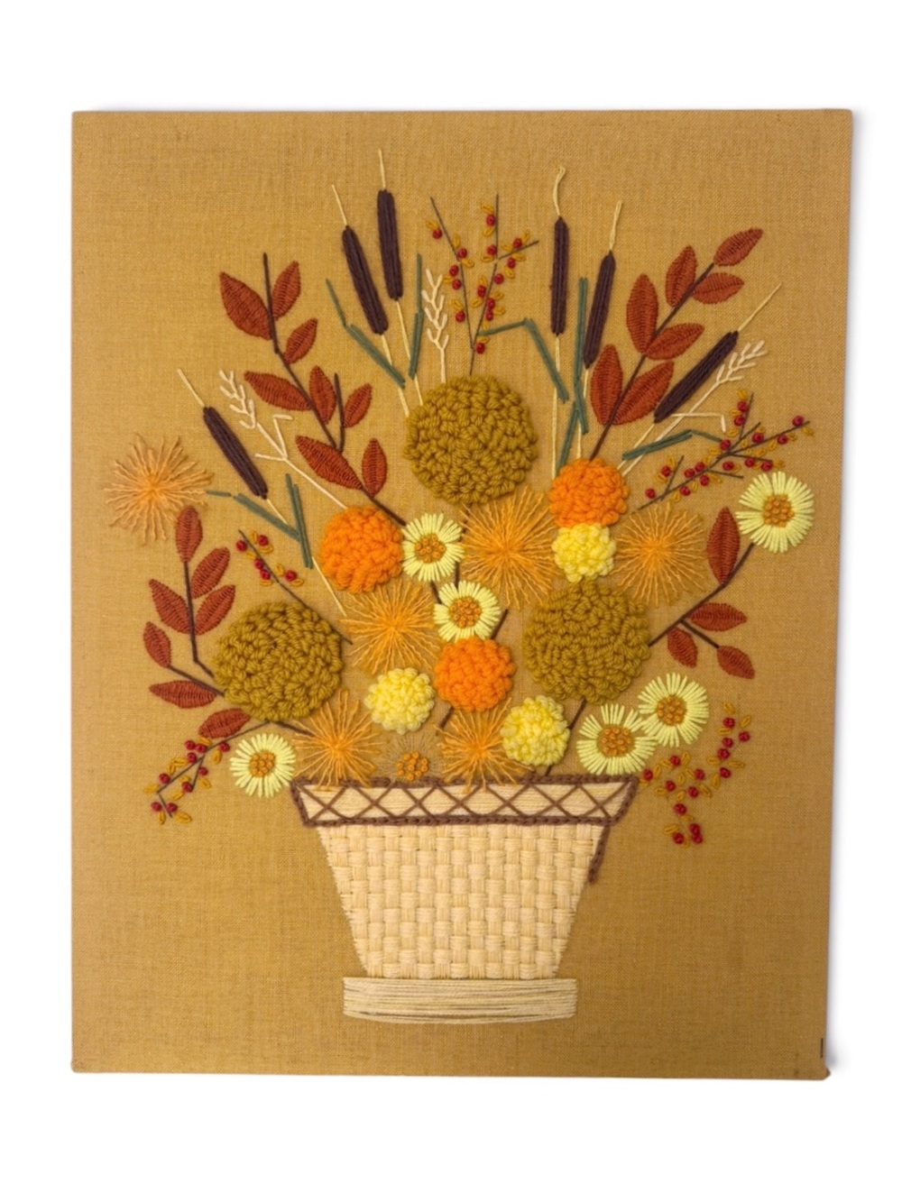 Vintage Retro Paragon Large Crewel Needlework Autumn Fall Bouquet Orange Mustard